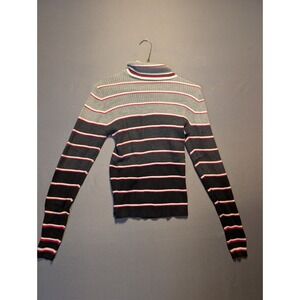 Q&A Sweater Womens Large Multicolor Striped Tight Knit Ribbed Turtleneck Winter
